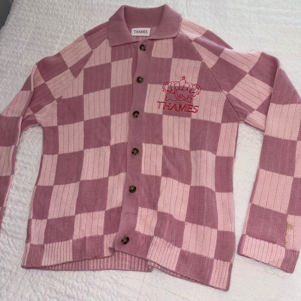Thames London Pink Checkered Knit Cardigan Crown Logo Streetwear Small